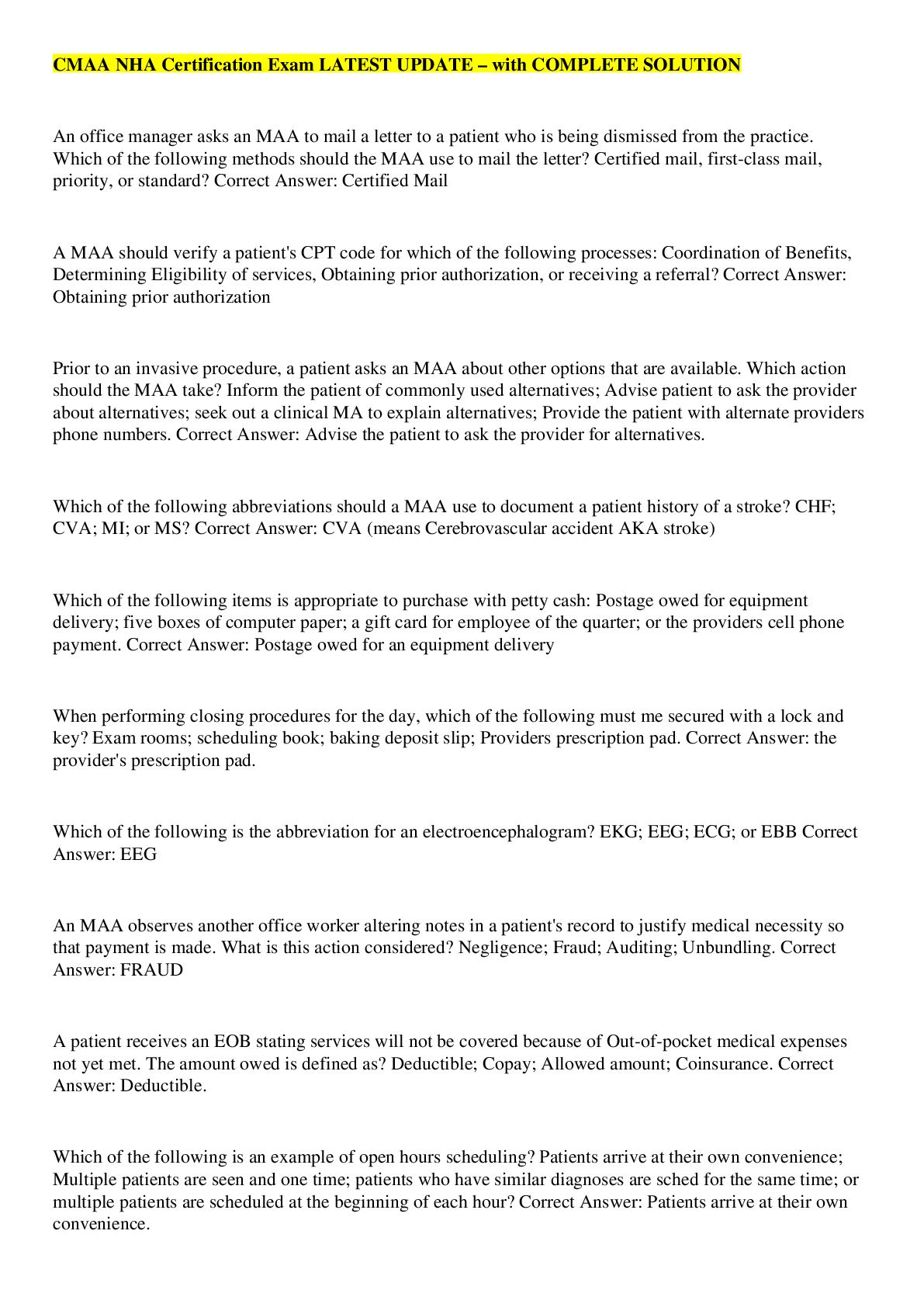 CMAA NHA Certification Exam LATEST UPDATE with COMPLETE SOLUTION